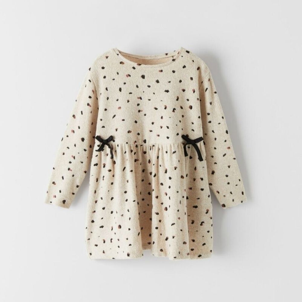 Zara | Soft Feel Animal Spot Oatmeal Dress Bows Long Sleeve